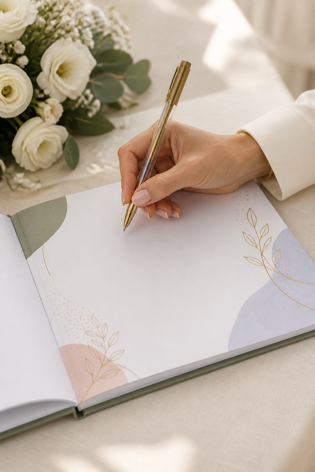 Une invitée tient le stylo transparent et doré Jourify au-dessus d’une page vierge